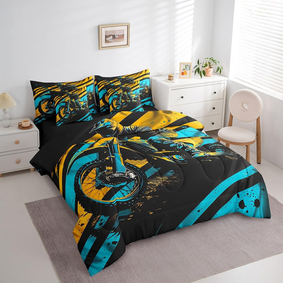 Black, Blue & Yellow Motocross Queen 7-Piece Bedding Set - Just Closeouts Canada Inc.X004DC5SJF