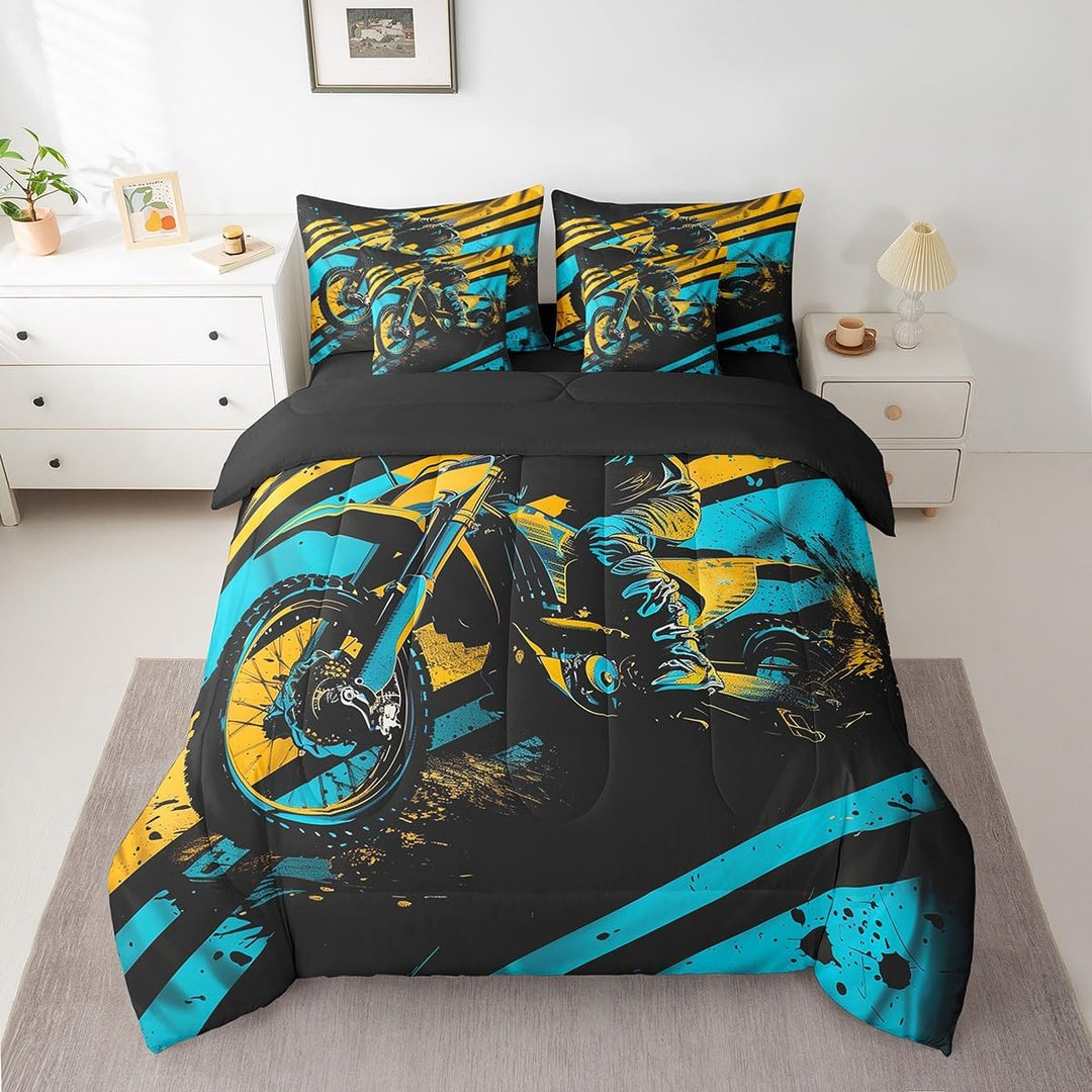 Black, Blue & Yellow Motocross Queen 7-Piece Bedding Set - Just Closeouts Canada Inc.X004DC5SJF