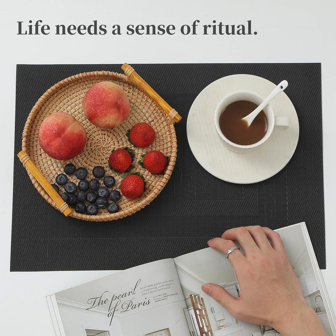 Black Frame Placemats Set of 4 - Heat Resistant Non - Slip Place mats for Dining Table, Washable Durable PVC Vinyl Woven Table Mats - Just Closeouts Canada Inc.