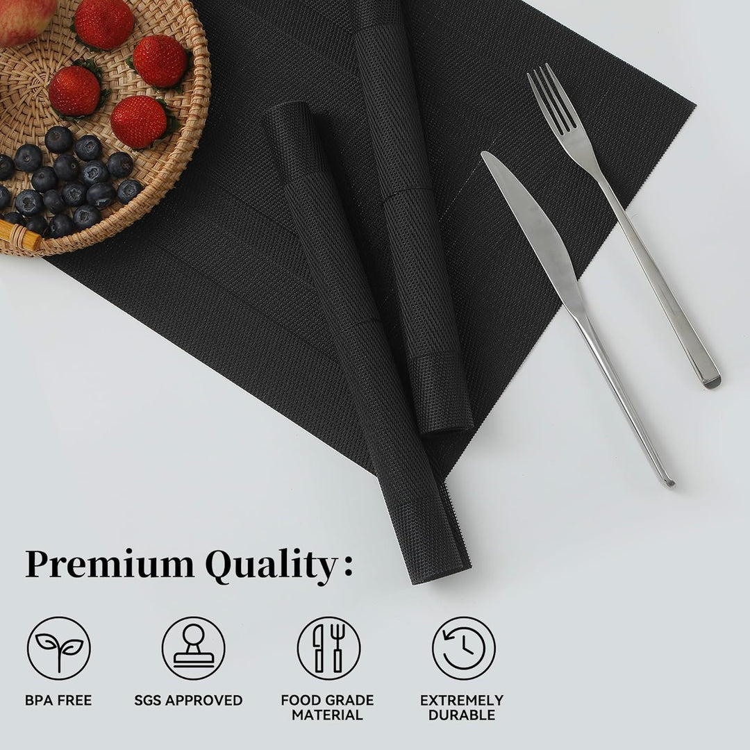 Black Frame Placemats Set of 4 - Heat Resistant Non - Slip Place mats for Dining Table, Washable Durable PVC Vinyl Woven Table Mats - Just Closeouts Canada Inc.