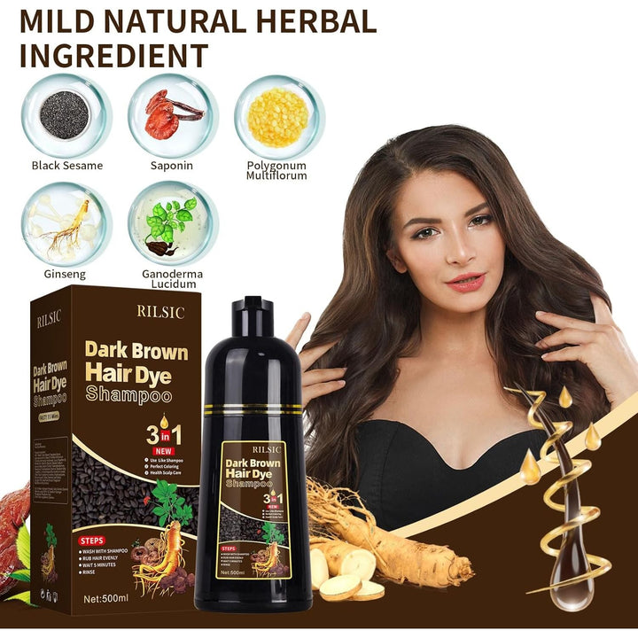 Black Hair Dye Shampoo for Grey Hair Beard Coverage, 500ML Instant Hair Colour Shampoo 3 in 1, Hair Color & Long Lasting Hair Colouring Shampoos for Women Men, Black Hair Dye Coloring in Minutes (Dark Brown) - Just Closeouts Canada Inc.X004RPK35R