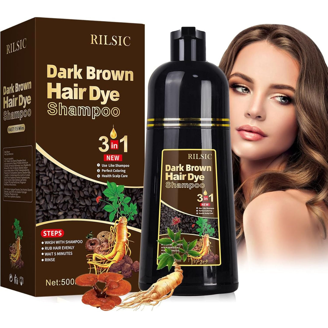 Black Hair Dye Shampoo for Grey Hair Beard Coverage, 500ML Instant Hair Colour Shampoo 3 in 1, Hair Color & Long Lasting Hair Colouring Shampoos for Women Men, Black Hair Dye Coloring in Minutes (Dark Brown) - Just Closeouts Canada Inc.X004RPK35R