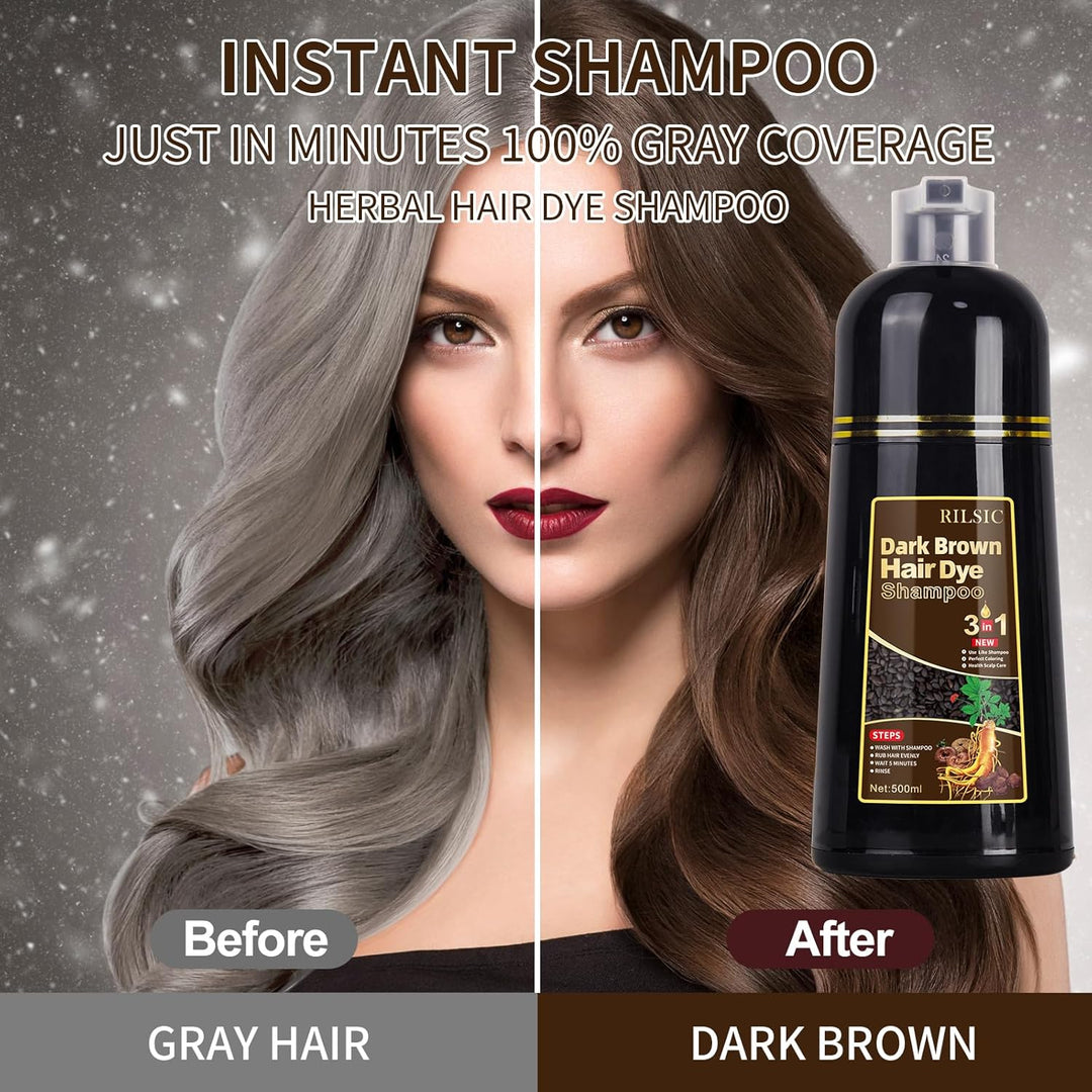 Black Hair Dye Shampoo for Grey Hair Beard Coverage, 500ML Instant Hair Colour Shampoo 3 in 1, Hair Color & Long Lasting Hair Colouring Shampoos for Women Men, Black Hair Dye Coloring in Minutes (Dark Brown) - Just Closeouts Canada Inc.X004RPK35R