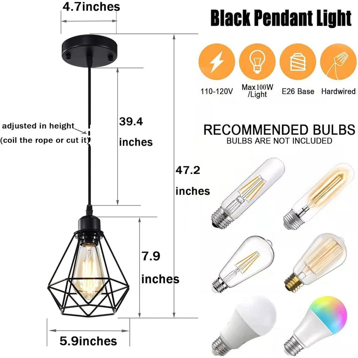 Black Pendant Light Fixtures 2 Pack Industrial Pendant Light Fixture Metal Cage Pendant Lights Farmhouse Pendant Lighting for Kitchen Island Dining Room Pendant Lighting Fixtures - Just Closeouts Canada Inc.