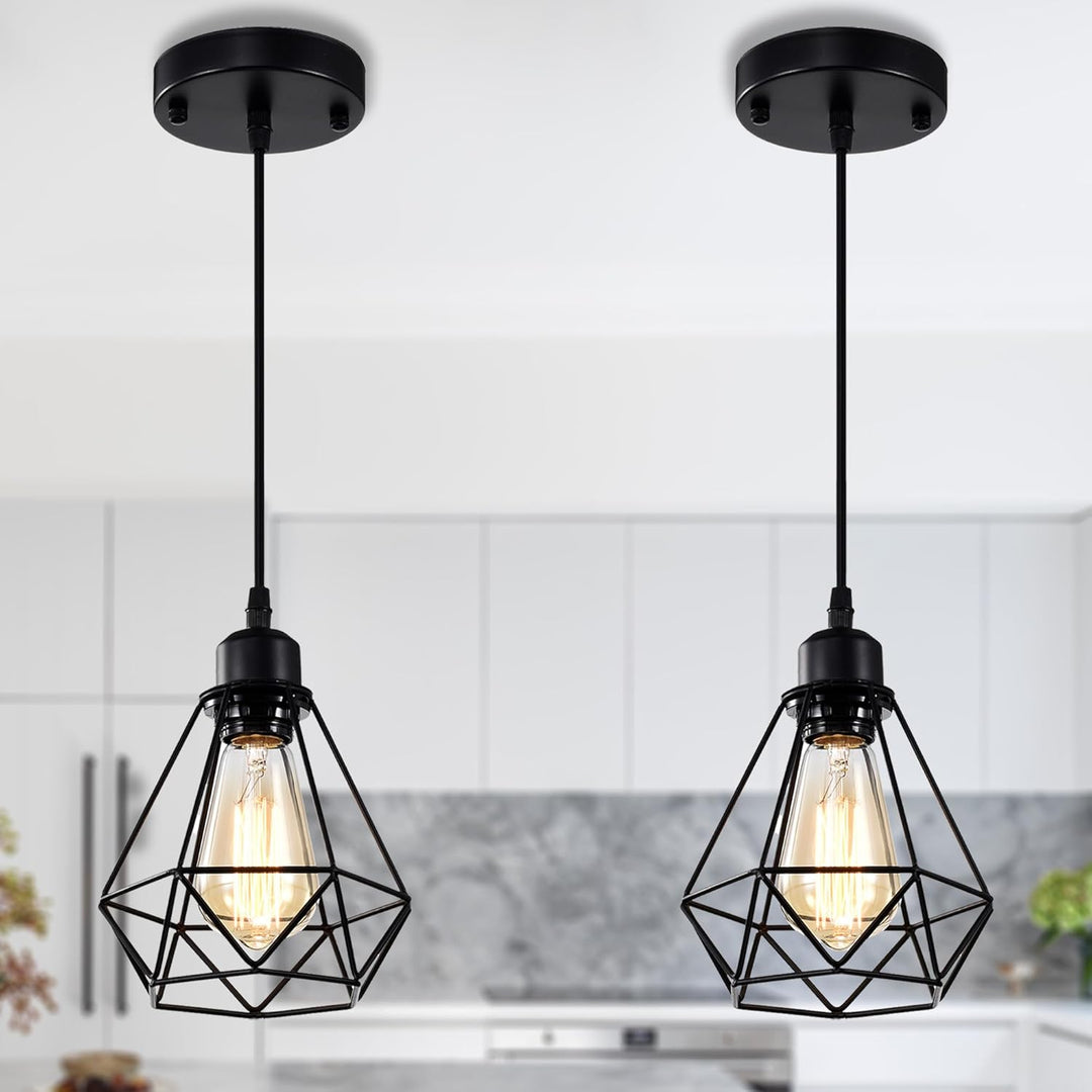Black Pendant Light Fixtures 2 Pack Industrial Pendant Light Fixture Metal Cage Pendant Lights Farmhouse Pendant Lighting for Kitchen Island Dining Room Pendant Lighting Fixtures - Just Closeouts Canada Inc.