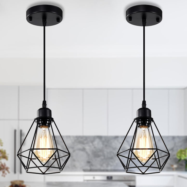 Black Pendant Light Fixtures 2 Pack Industrial Pendant Light Fixture Metal Cage Pendant Lights Farmhouse Pendant Lighting for Kitchen Island Dining Room Pendant Lighting Fixtures - Just Closeouts Canada Inc.