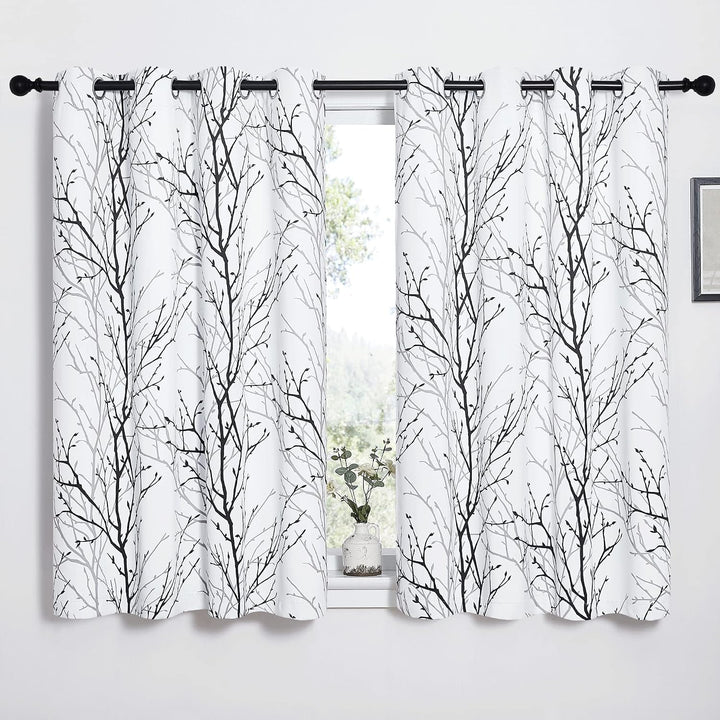 Black/Grey Branch-Print Room-Darkening Grommet Curtains, 52 x 54 in, 2 Panels - Just Closeouts Canada Inc.