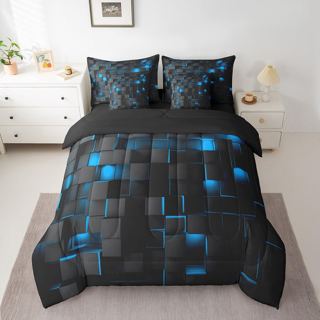 Blue and Black Bedding Set Twin Size Kids Light Geometric Comforter Set with Sheets 7 Piece Geometry Bed in a Bag forModern Bed Set with Comforter,Sheets,Pillowcases,Cushion Covers - Just Closeouts Canada Inc.X004OJ5AN1