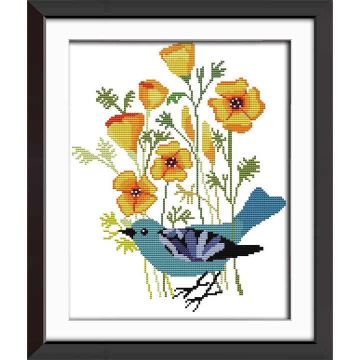 Blue bird and flowers stamped cross-stitch pattern