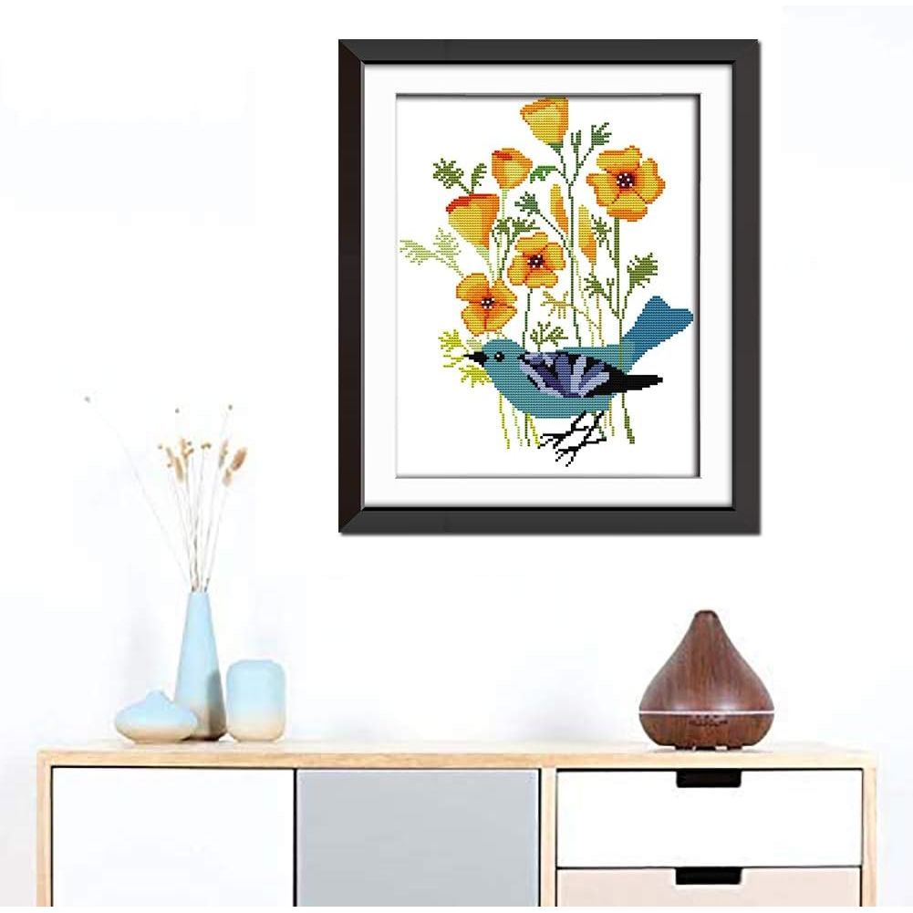 Blue bird and flowers artwork displayed; frame not included