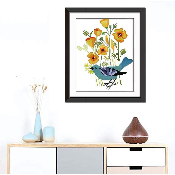 Blue bird and flowers artwork displayed; frame not included