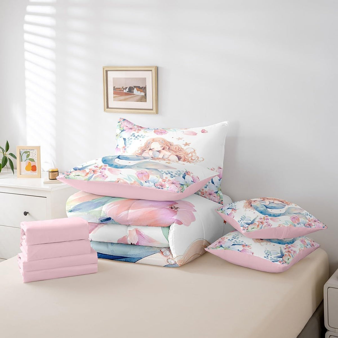 Blue & Pink Floral Mermaid Twin 7-Piece Bedding Set - Just Closeouts Canada Inc.X004RGYAVT