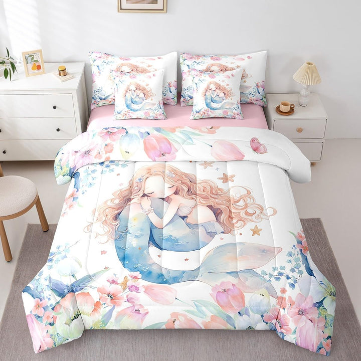 Blue & Pink Floral Mermaid Twin 7-Piece Bedding Set - Just Closeouts Canada Inc.X004RGYAVT