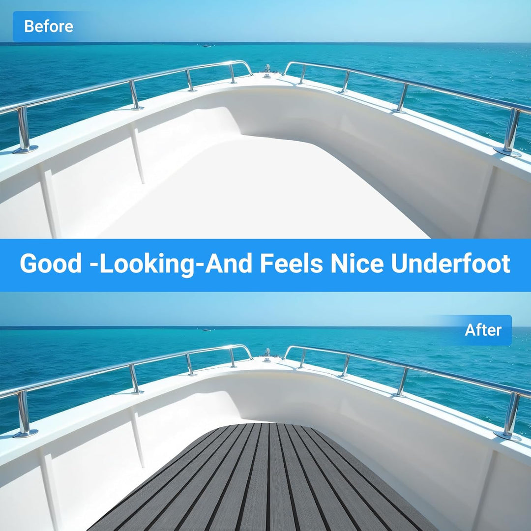 Boat Flooring EVA Foam Decking Sheet - Upgraded Hi - Strength Adhesive Marine Vinyl Flooring,Non - Slip Faux Teak Sea Deck Marine Mat with Rubber Roller, 94.5*35.4" - 46.46sqft - 2pcs, Gray With Black Seam Lines - Just Closeouts Canada Inc.