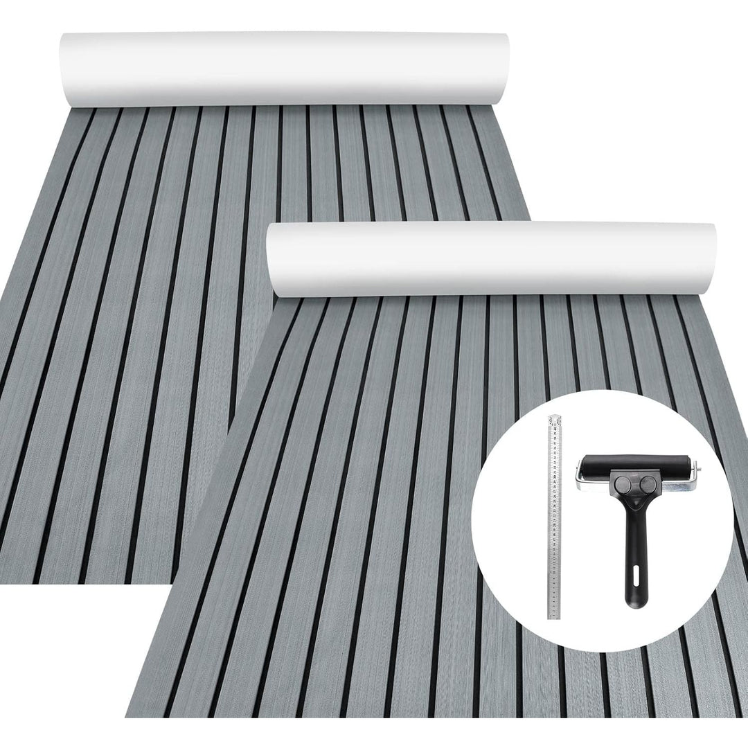 Boat Flooring EVA Foam Decking Sheet - Upgraded Hi - Strength Adhesive Marine Vinyl Flooring,Non - Slip Faux Teak Sea Deck Marine Mat with Rubber Roller, 94.5*35.4" - 46.46sqft - 2pcs, Gray With Black Seam Lines - Just Closeouts Canada Inc.