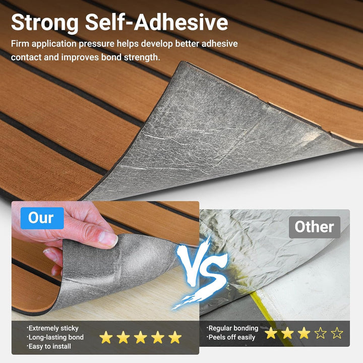 Boat Flooring EVA Foam Decking Sheet - Upgraded Hi - Strength Adhesive Marine Vinyl Flooring,Non - Slip Faux Teak Sea Deck Marine Mat with Rubber Roller, Brown With Black Seam Lines, 94.5*35.4" - 23.23sqft - 1pcs - Just Closeouts Canada Inc.