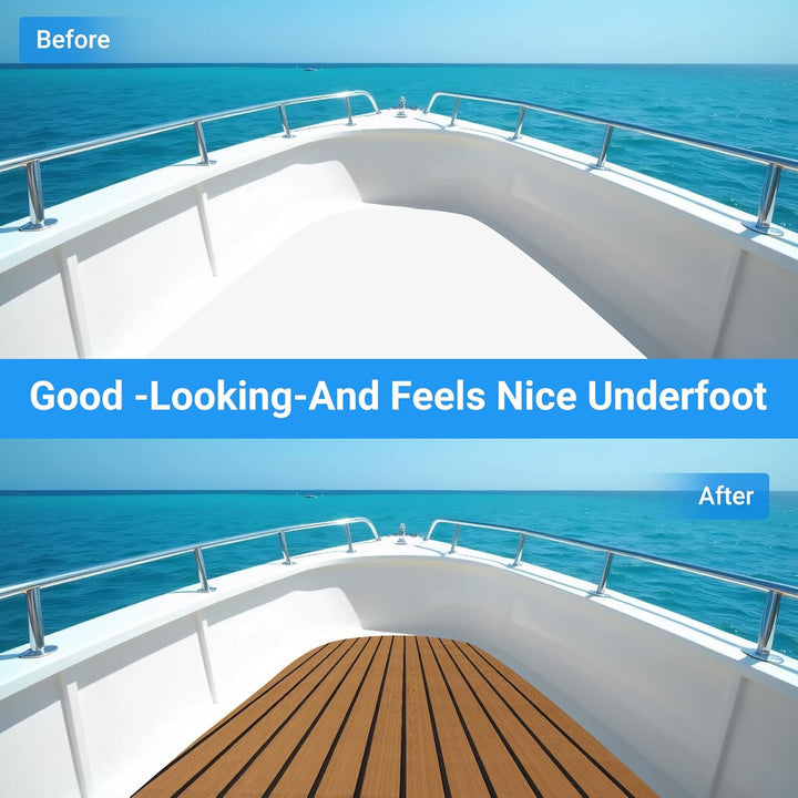 Boat Flooring EVA Foam Decking Sheet - Upgraded Hi - Strength Adhesive Marine Vinyl Flooring,Non - Slip Faux Teak Sea Deck Marine Mat with Rubber Roller, Brown With Black Seam Lines, 94.5*35.4" - 23.23sqft - 1pcs - Just Closeouts Canada Inc.