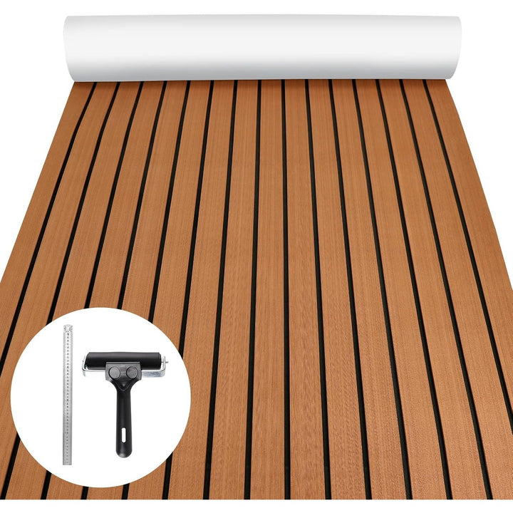 Boat Flooring EVA Foam Decking Sheet - Upgraded Hi - Strength Adhesive Marine Vinyl Flooring,Non - Slip Faux Teak Sea Deck Marine Mat with Rubber Roller, Brown With Black Seam Lines, 94.5*35.4" - 23.23sqft - 1pcs - Just Closeouts Canada Inc.