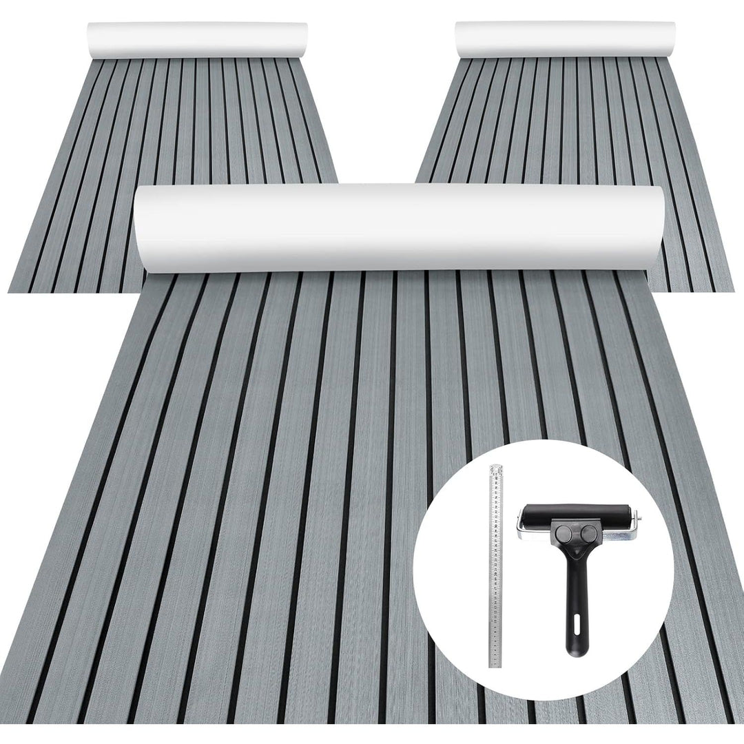 Boat Flooring EVA Foam Decking Sheet - Upgraded Hi - Strength Adhesive Marine Vinyl Flooring,Non - Slip Faux Teak Sea Deck Marine Mat with Rubber Roller, Gray With Black Seam Lines, 94.5*35.4" - 69.69sqft - 3pcs - Just Closeouts Canada Inc.