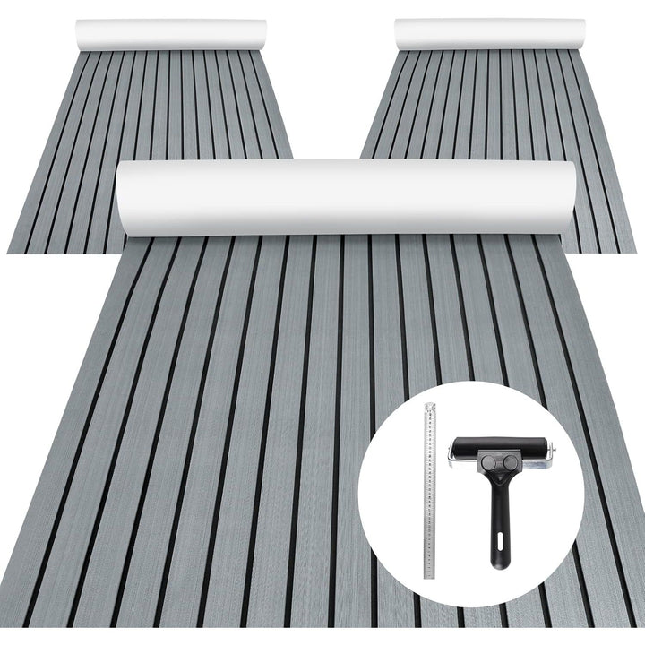 Boat Flooring EVA Foam Decking Sheet - Upgraded Hi - Strength Adhesive Marine Vinyl Flooring,Non - Slip Faux Teak Sea Deck Marine Mat with Rubber Roller, Gray With Black Seam Lines, 94.5*35.4" - 69.69sqft - 3pcs - Just Closeouts Canada Inc.