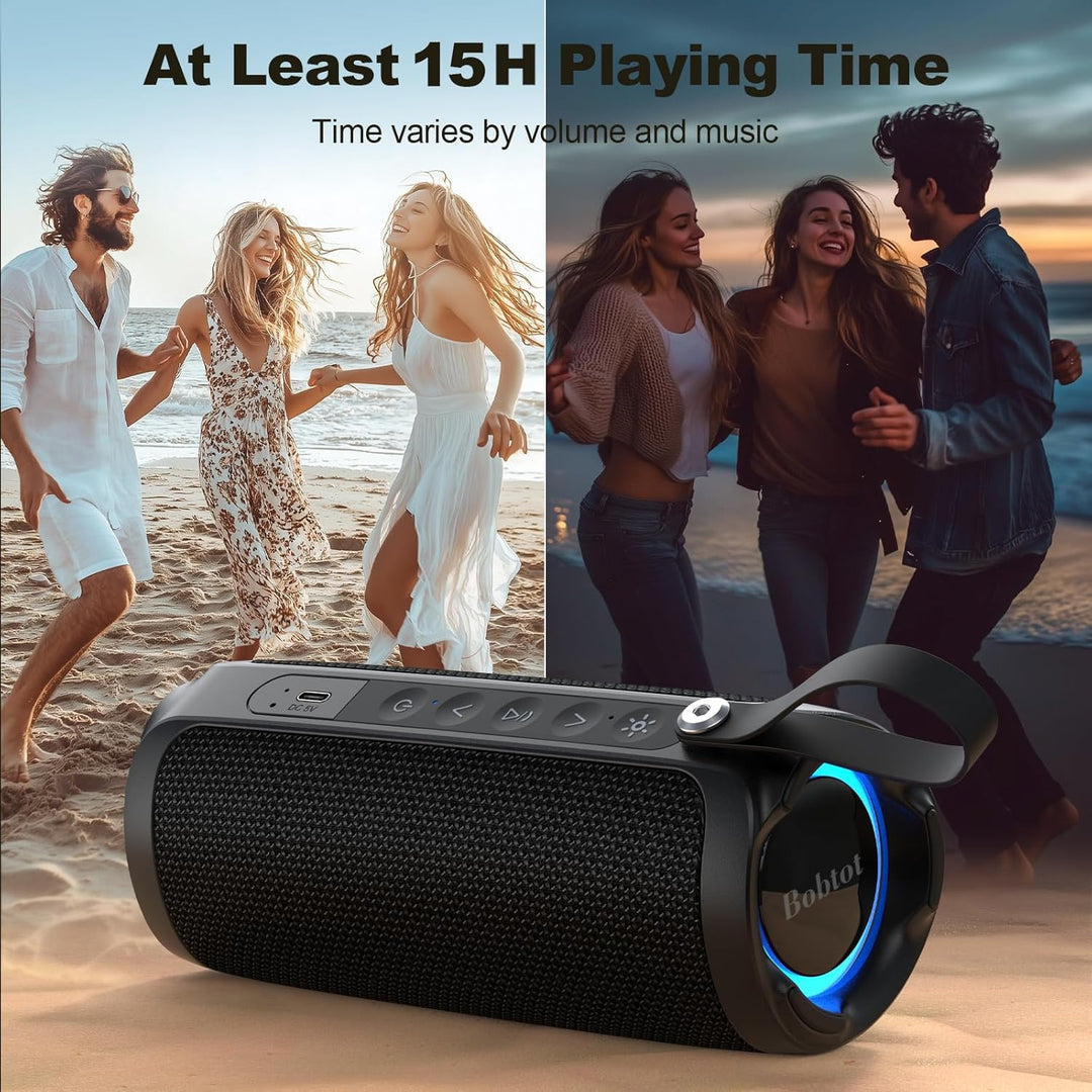 Bobtot Portable Bluetooth Speaker, IPX6 Waterproof Speaker with Punchy Bass, 15W Loud Sound, RGB, 20H Playtime, Dual Pairing for Party, Camping, Beach, Blue - Just Closeouts Canada Inc.