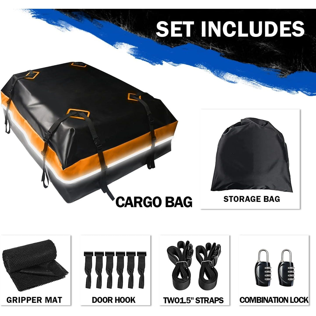 BOPARAUTO 21 Cubic Feet Car Rooftop Bag Waterproof Heavy Duty for All Cars Cargo Carrier Bag with/Without Rack Including Anti - Slip Mat 2 Luggage Locks 2 Extra Straps 6 Strong Nylon Straps Orange Bag - Just Closeouts Canada Inc.