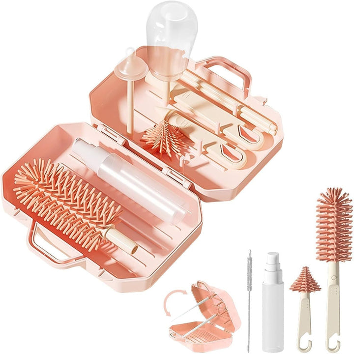 Bottle Brush Set, 6 in 1 Bottle Cleaner Kit with Silicone Bottle Brush, Nipple Cleaner Brush, Straw Brush, Soap Dispenser, Storage Box,Bottle Drying Rack for Home and Travel (Pink) - Just Closeouts Canada Inc.