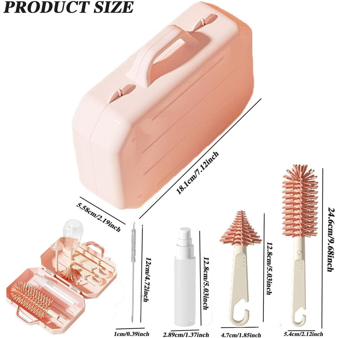 Bottle Brush Set, 6 in 1 Bottle Cleaner Kit with Silicone Bottle Brush, Nipple Cleaner Brush, Straw Brush, Soap Dispenser, Storage Box,Bottle Drying Rack for Home and Travel (Pink) - Just Closeouts Canada Inc.