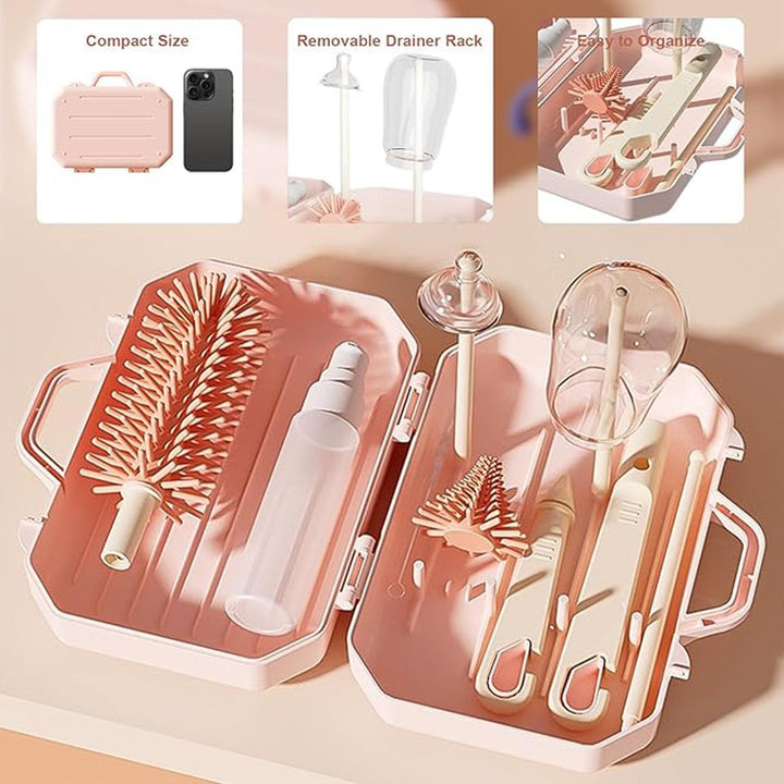 Bottle Brush Set, 6 in 1 Bottle Cleaner Kit with Silicone Bottle Brush, Nipple Cleaner Brush, Straw Brush, Soap Dispenser, Storage Box,Bottle Drying Rack for Home and Travel (Pink) - Just Closeouts Canada Inc.