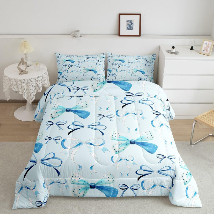 Bow Bedding Set Boys Girls Twin Size Cute Bowknot Comforter Set for Kids Women Men Ultra Soft Blue Girls Bow Comforter Lovely Duvet Set - Just Closeouts Canada Inc.X004RNB4OX