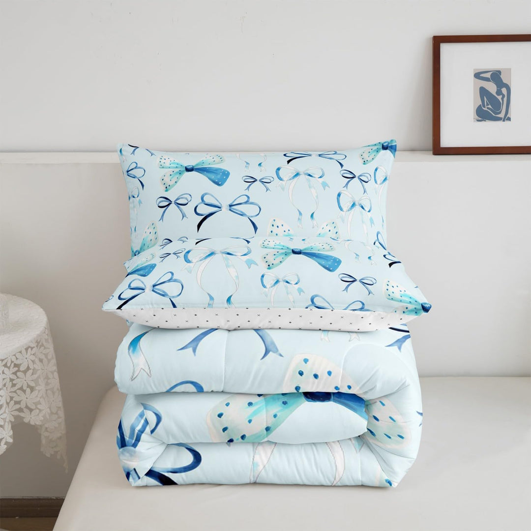 Bow Bedding Set Boys Girls Twin Size Cute Bowknot Comforter Set for Kids Women Men Ultra Soft Blue Girls Bow Comforter Lovely Duvet Set - Just Closeouts Canada Inc.X004RNB4OX