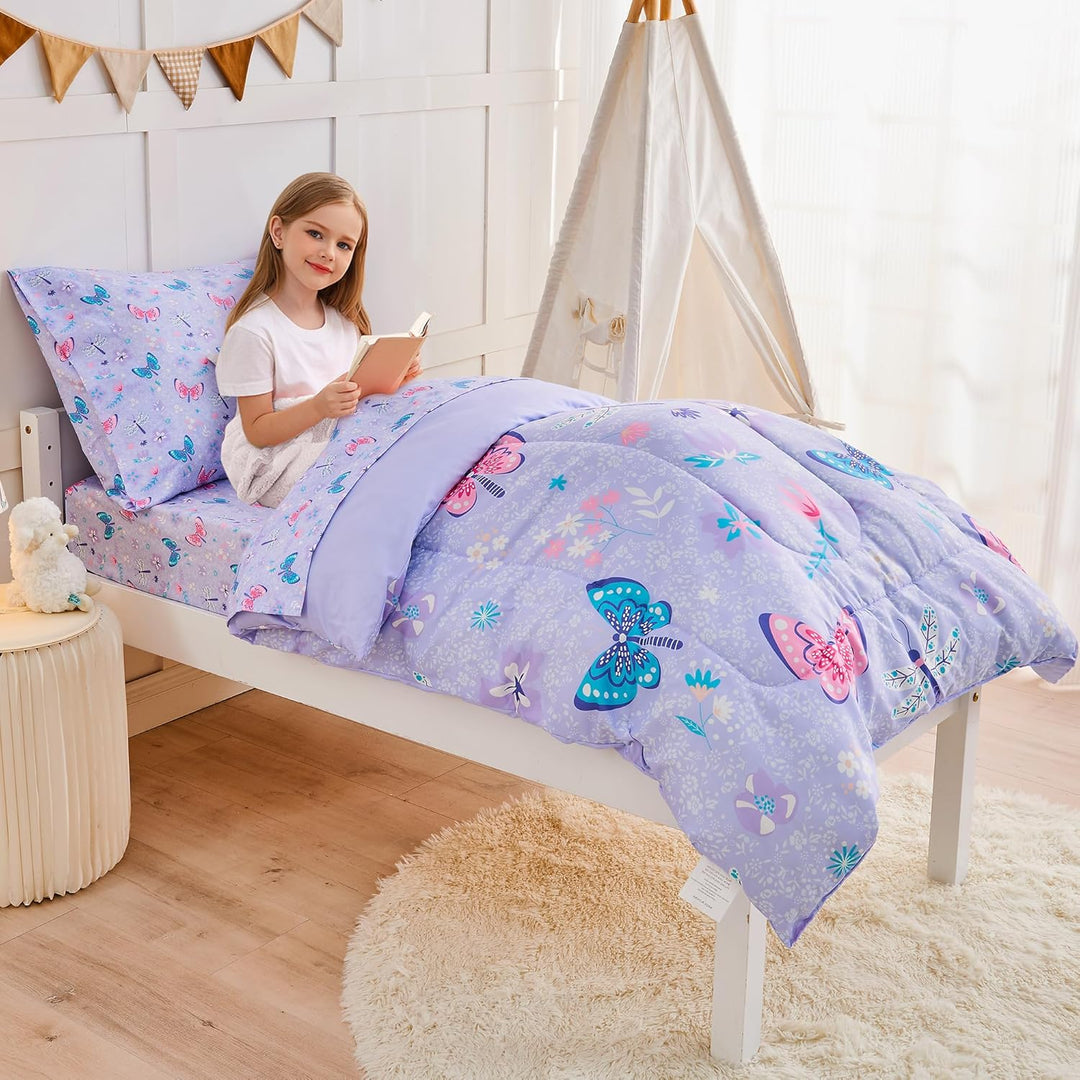 Butterfly Toddler Bedding Set for Girls, 4 Piece Bed - in - a - Bag Toddler Comforter Sets, Super Soft and Comfortable Microfiber Todeeler Bed Set - Just Closeouts Canada Inc.X00431YKZT