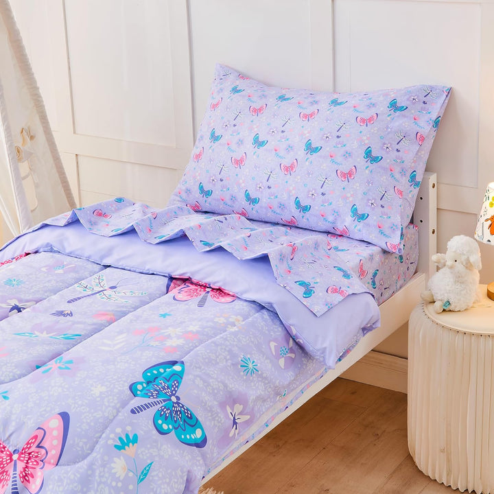 Butterfly Toddler Bedding Set for Girls, 4 Piece Bed - in - a - Bag Toddler Comforter Sets, Super Soft and Comfortable Microfiber Todeeler Bed Set - Just Closeouts Canada Inc.X00431YKZT