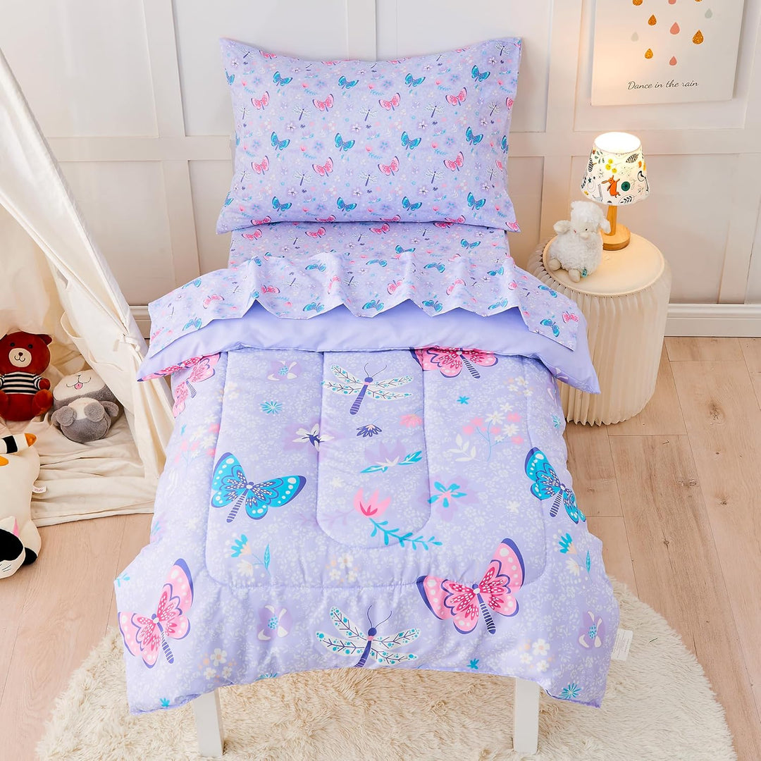 Butterfly Toddler Bedding Set for Girls, 4 Piece Bed - in - a - Bag Toddler Comforter Sets, Super Soft and Comfortable Microfiber Todeeler Bed Set - Just Closeouts Canada Inc.X00431YKZT