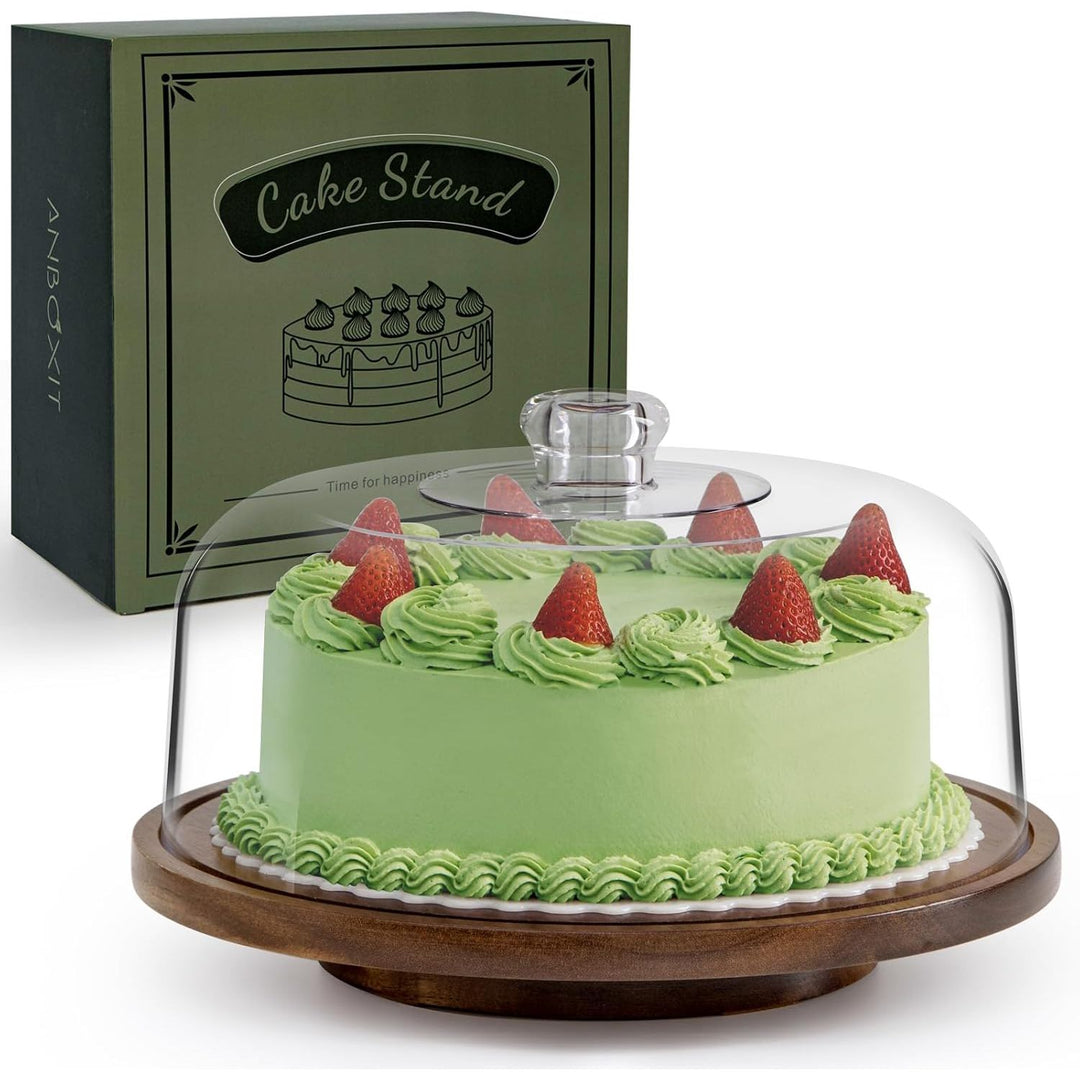 Cake Stand with Dome Lid, Acacia Wood Rotating Cake Plate with Cover, Wooden Cake Display Stand with Acrylic Dome - Rotatable - Just Closeouts Canada Inc.