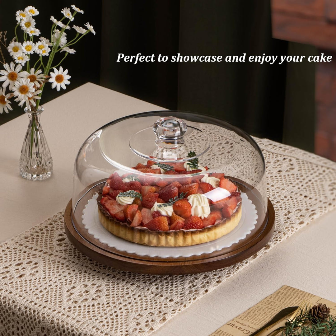 Cake Stand with Dome Lid, Acacia Wood Rotating Cake Plate with Cover, Wooden Cake Display Stand with Acrylic Dome - Rotatable - Just Closeouts Canada Inc.