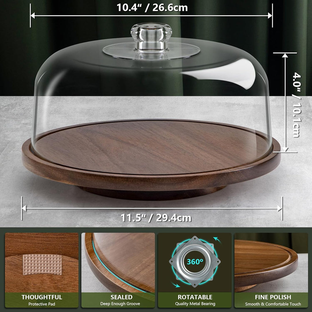 Cake Stand with Dome Lid, Acacia Wood Rotating Cake Plate with Cover, Wooden Cake Display Stand with Acrylic Dome - Rotatable - Just Closeouts Canada Inc.