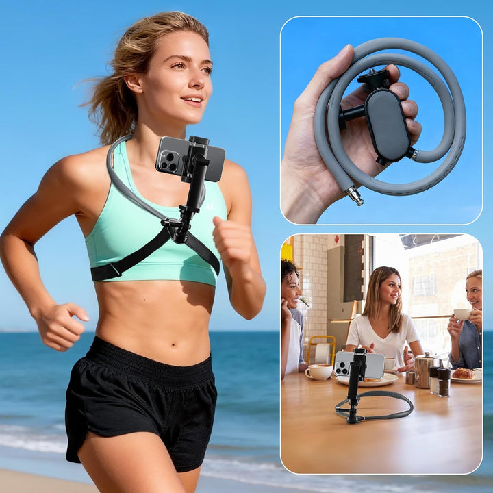 Camera Phone Chest Neck Mount Holder for Video Recording iPhone Samsung 4 - 7 Inch Phones AKASO/Go Pro/Insta360X5/DJI360 Other Action Cameras (Camera Mount Grey + Phone Holder) - Just Closeouts Canada Inc.