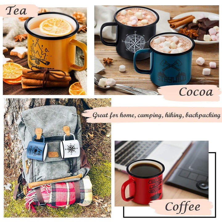 Camping Mug Set of 6, 16 Ounce Colorful Metal Enamel Coffee Tea Cups Mugs for Camping Hiking Backpacking, 2 - Sided Unique Graphic Design & Large Size - Just Closeouts Canada Inc.