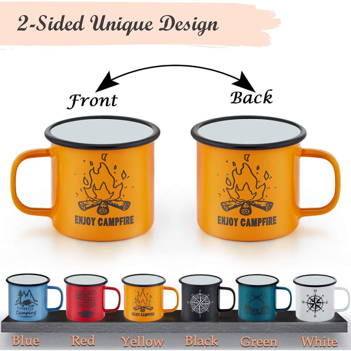 Camping Mug Set of 6, 16 Ounce Colorful Metal Enamel Coffee Tea Cups Mugs for Camping Hiking Backpacking, 2 - Sided Unique Graphic Design & Large Size - Just Closeouts Canada Inc.