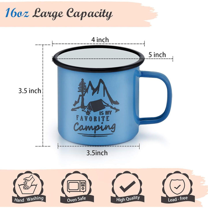 Camping Mug Set of 6, 16 Ounce Colorful Metal Enamel Coffee Tea Cups Mugs for Camping Hiking Backpacking, 2 - Sided Unique Graphic Design & Large Size - Just Closeouts Canada Inc.