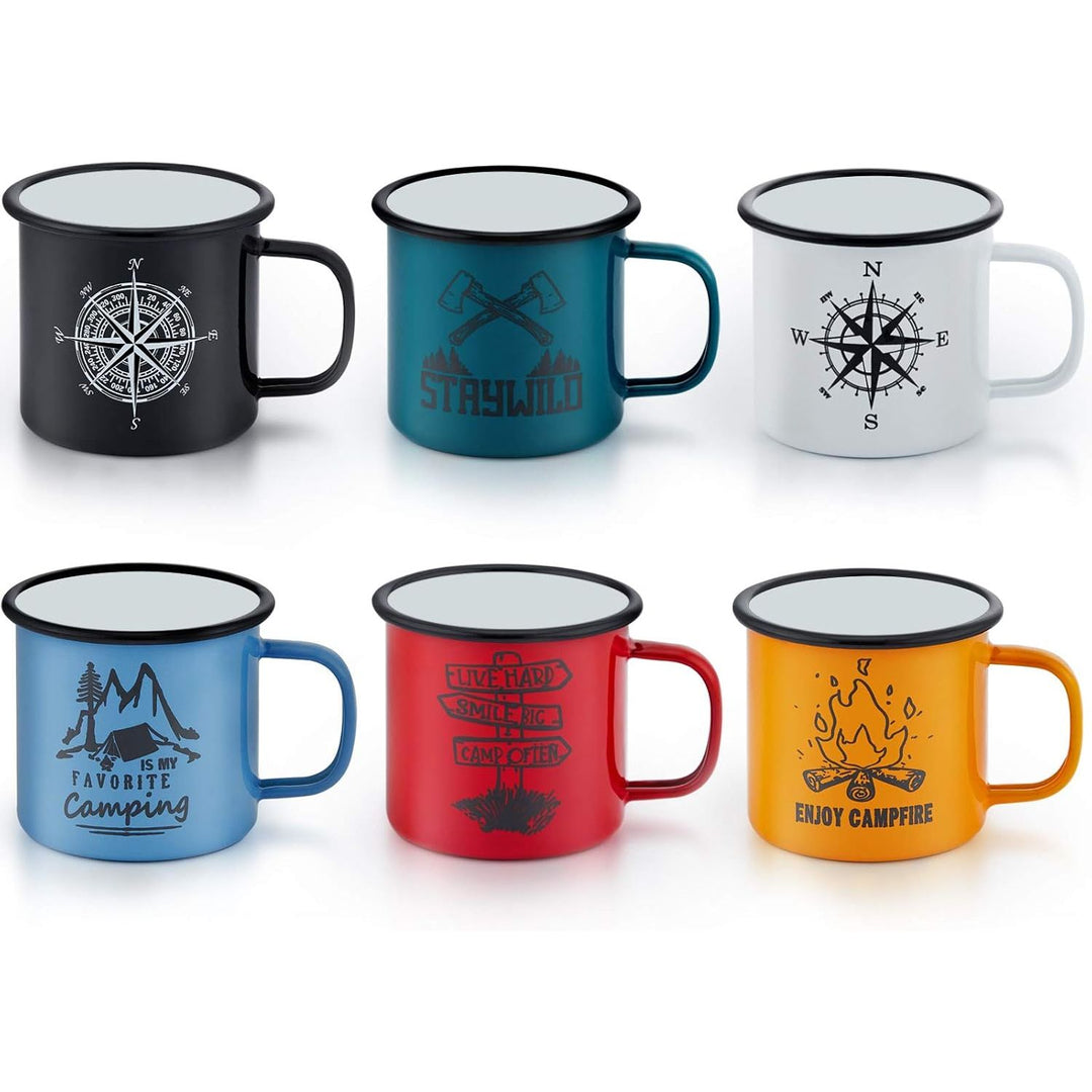 Camping Mug Set of 6, 16 Ounce Colorful Metal Enamel Coffee Tea Cups Mugs for Camping Hiking Backpacking, 2 - Sided Unique Graphic Design & Large Size - Just Closeouts Canada Inc.