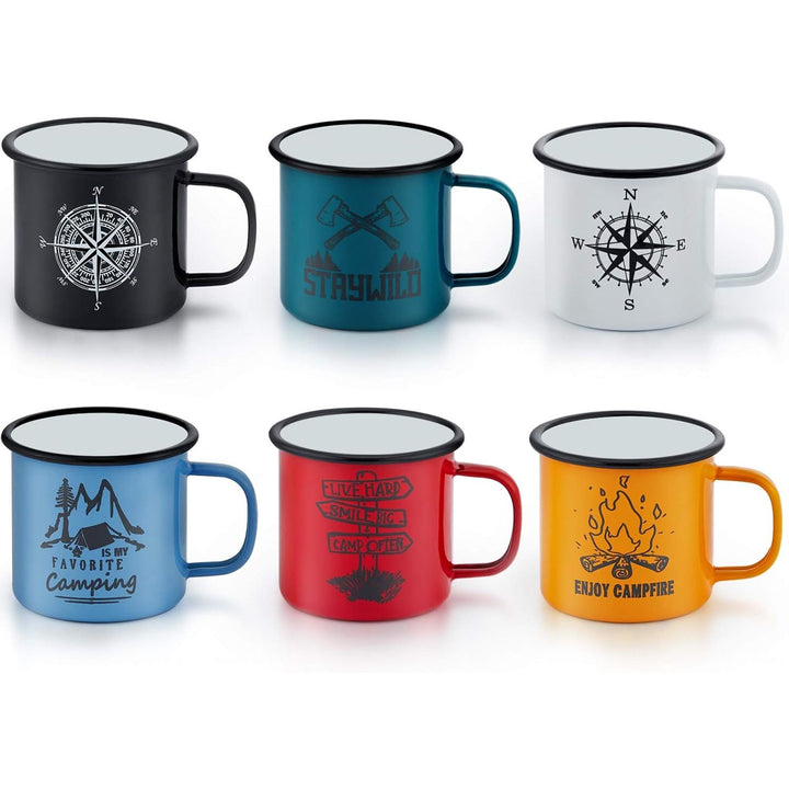 Camping Mug Set of 6, 16 Ounce Colorful Metal Enamel Coffee Tea Cups Mugs for Camping Hiking Backpacking, 2 - Sided Unique Graphic Design & Large Size - Just Closeouts Canada Inc.