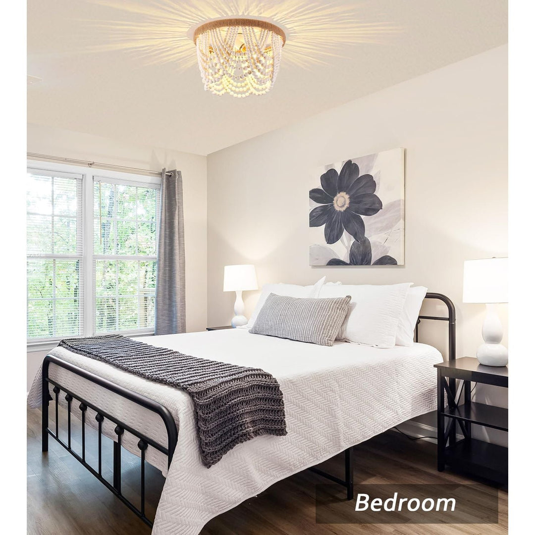 Capslpad Wood Beaded Flush Mount Ceiling Light Antique Rustic Mini Chandelier 3 - Light Boho Light Fixture White Finishing for Dining Room,Nursery Room, Bedroom,Girl Room,Hallway,Entryway,Passway - Just Closeouts Canada Inc.