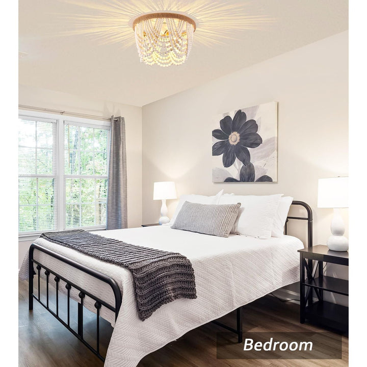 Capslpad Wood Beaded Flush Mount Ceiling Light Antique Rustic Mini Chandelier 3 - Light Boho Light Fixture White Finishing for Dining Room,Nursery Room, Bedroom,Girl Room,Hallway,Entryway,Passway - Just Closeouts Canada Inc.