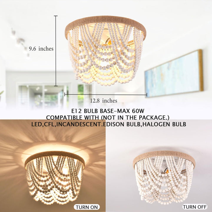 Capslpad Wood Beaded Flush Mount Ceiling Light Antique Rustic Mini Chandelier 3 - Light Boho Light Fixture White Finishing for Dining Room,Nursery Room, Bedroom,Girl Room,Hallway,Entryway,Passway - Just Closeouts Canada Inc.