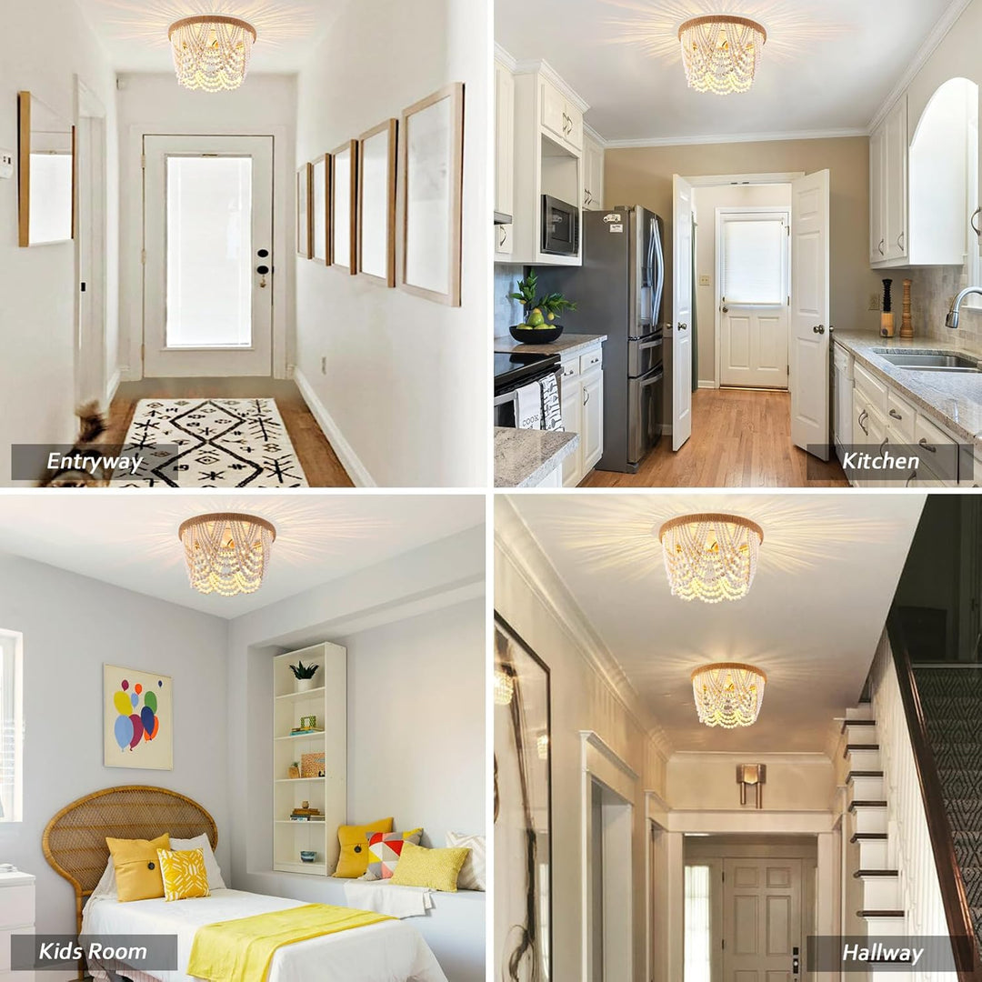 Capslpad Wood Beaded Flush Mount Ceiling Light Antique Rustic Mini Chandelier 3 - Light Boho Light Fixture White Finishing for Dining Room,Nursery Room, Bedroom,Girl Room,Hallway,Entryway,Passway - Just Closeouts Canada Inc.