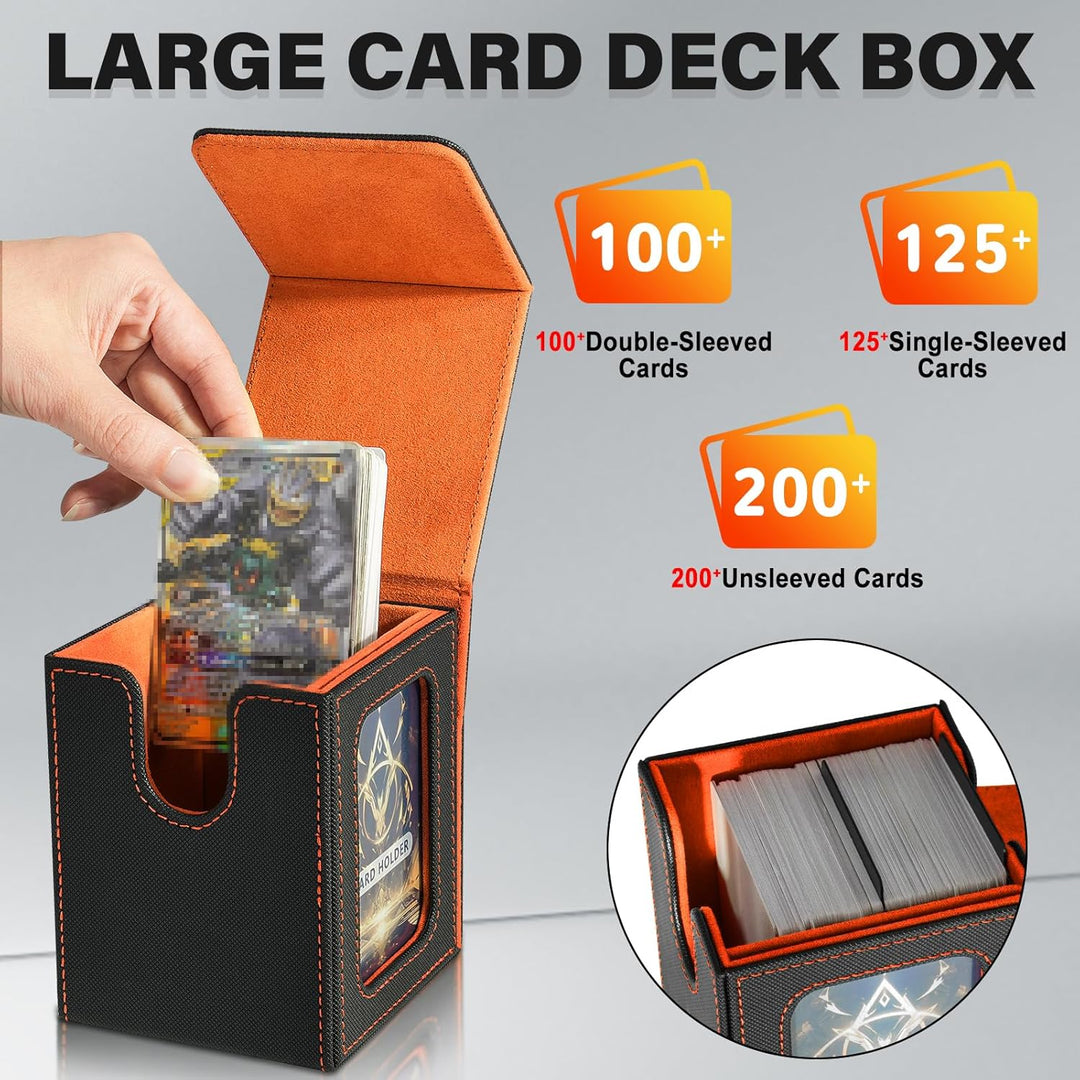 Card Deck Box for MTG Commander, Card Storage Box for Trading Cards, PU Leather Magnetic Card Display Case, Holds 100 Double - Sleeved Cards, Black&Orange - Just Closeouts Canada Inc.X0045TXKKZ
