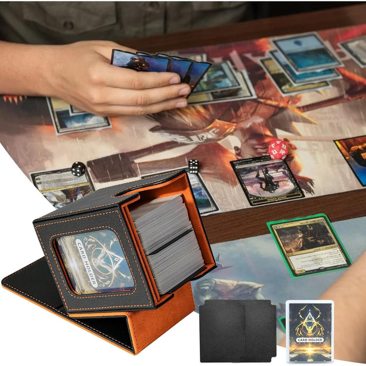 Card Deck Box for MTG Commander, Card Storage Box for Trading Cards, PU Leather Magnetic Card Display Case, Holds 100 Double - Sleeved Cards, Black&Orange - Just Closeouts Canada Inc.X0045TXKKZ