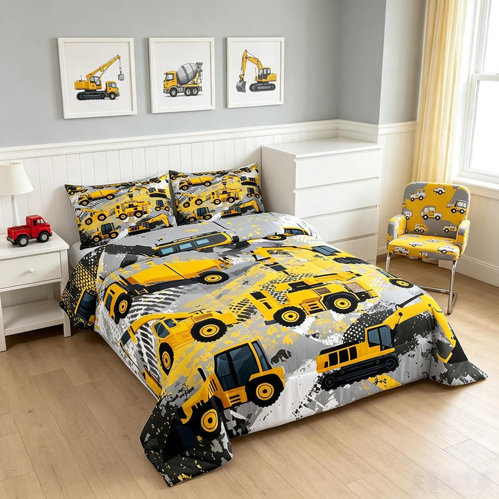 Cartoon Car Bedding Set Twin Size Kids Construction Vehicles Comforter for Kids Children Cartoon Machinery Truck Comforter Set Construction Site Cars Duvet Set 2Pcs - Just Closeouts Canada Inc.X002RXVYS1